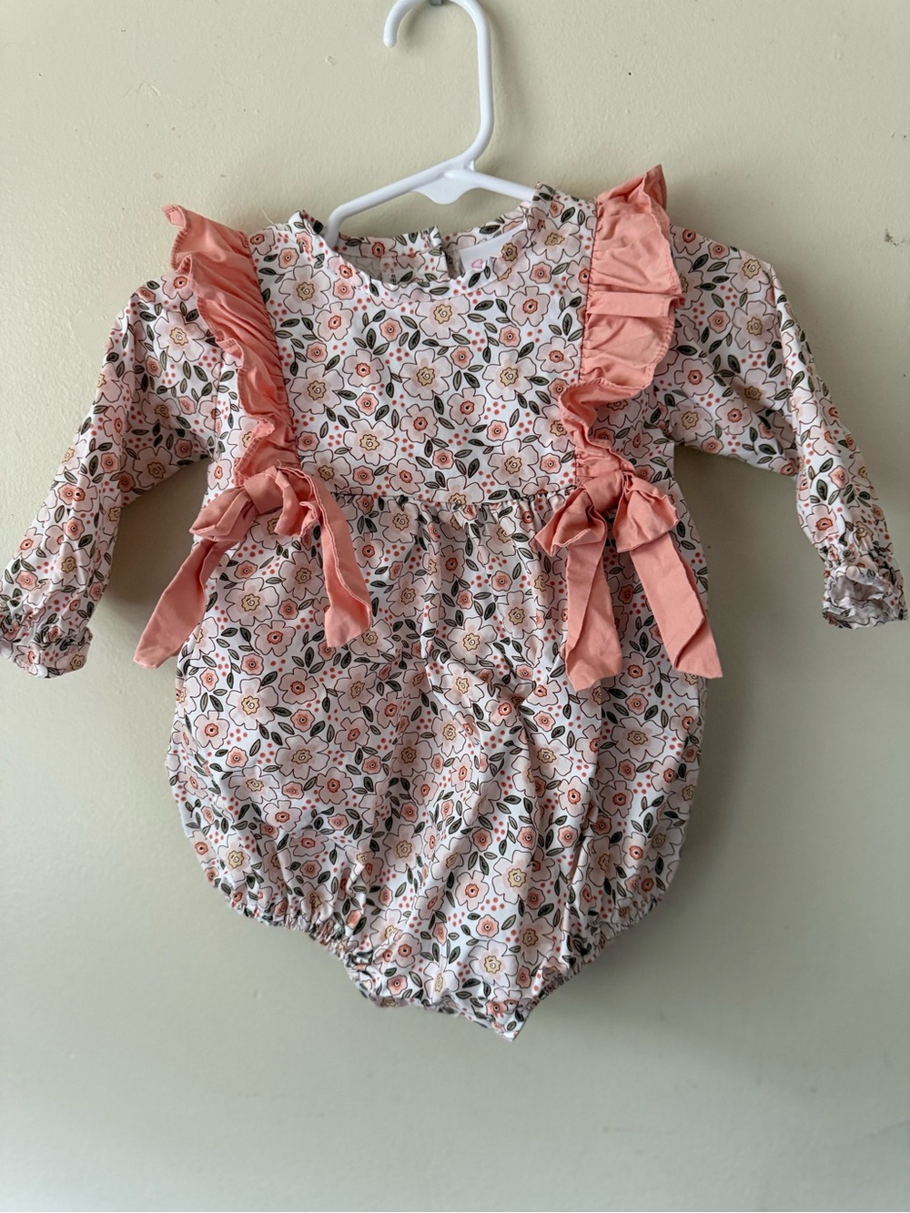 Stitchy Fish Floral Ruffle Baby Romper in Blush Pink